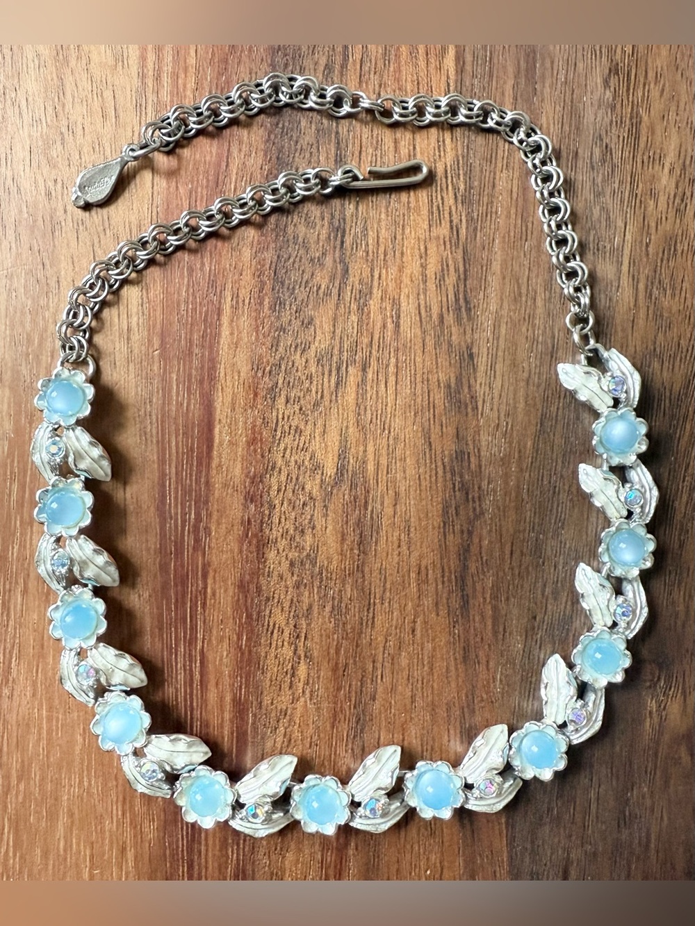 Vintage Judy Lee Choker Necklace Silver Tone Blue Moonstone And Rhinestone